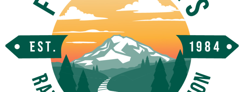 Foothills Rails to Trails Coalition Logo 2024, showing a railroad line turning into a path as it comes from Mt. Rainier toward the viewer